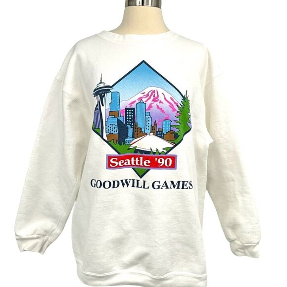 VTG Goodwill Games 1990 Sweatshirt White Pullover Crew Neck Long Sleeve Size L - Picture 1 of 7